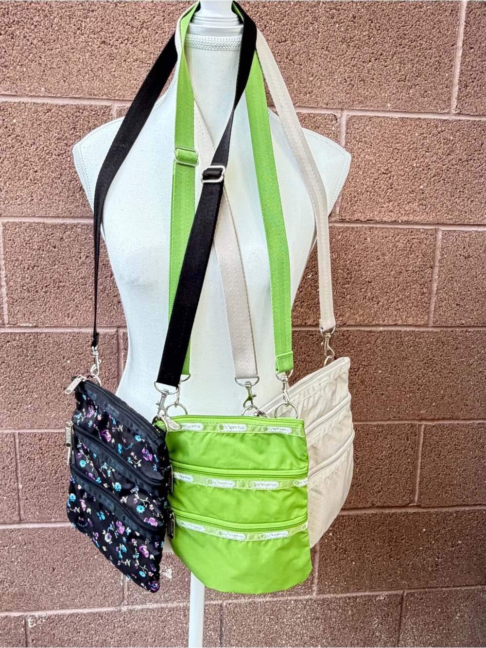 Lesportsac Trio Crossbody Set in Lime Green, Black Floral & Cream- Kasey